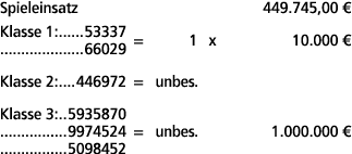 Spieleinsatz 449.745,00 € Klasse 1: 53337 66029 = 1 x 10.000 € Klasse 2: 446972 = unbes. Klasse 3: 5935870 9974524 = ...