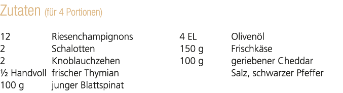 Zutaten (f r 4 Portionen) 12 Riesenchampignons 2 Schalotten 2 Knoblauchzehen ½ Handvoll frischer Thymian 100 g junger...