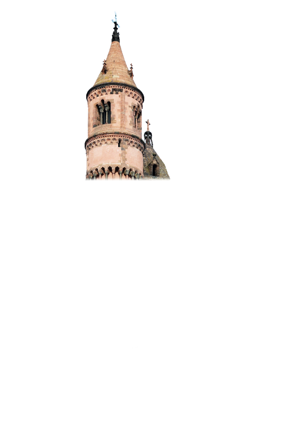 Das Bild zeigt ein gro es, altes Kirchengeb ude aus rotem Sandstein. Die Kirche hat hohe runde T rme mit spitzen D chern. Die Fenster sind lang und schmal, einige mit buntem Glas. Vor der Kirche steht eine Mauer. 