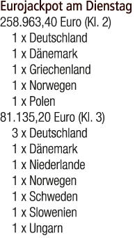 Eurojackpot am Dienstag 258.963,40 Euro (Kl. 2) 1 x Deutschland 1 x D nemark 1 x Griechenland 1 x Norwegen 1 x Polen ...