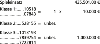 Spieleinsatz 435.501,00 € Klasse 1: 10518 07843 = 1 x 10.000 € Klasse 2: 528155 = unbes. Klasse 3: 1013193 7839754 = ...