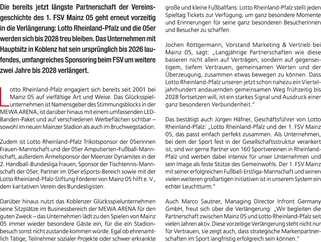 Die bereits jetzt l ngste Partnerschaft der Vereins­geschichte des 1. FSV Mainz 05 geht erneut vorzeitig in die Verl ...