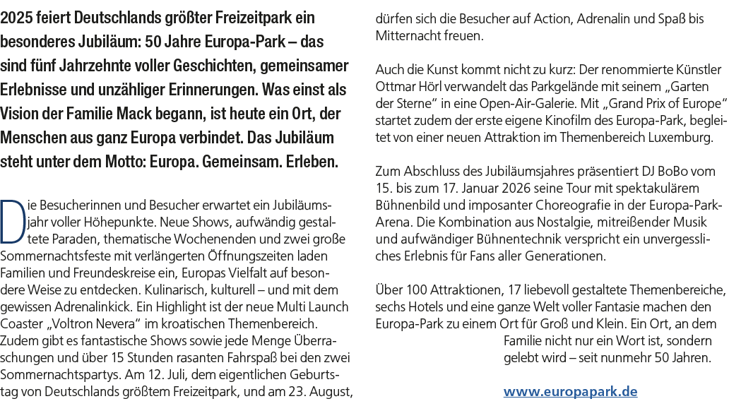 2025 feiert Deutschlands gr ter Freizeitpark ein besonderes Jubil um: 50 Jahre Europa Park – das sind f nf Jahrzehnt...