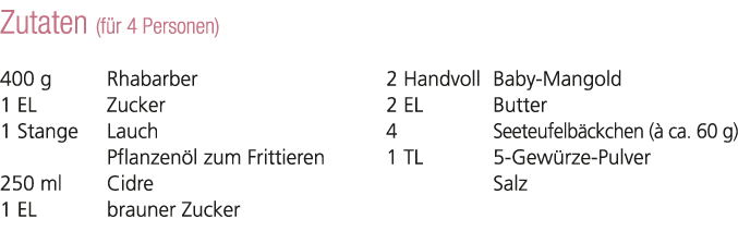 Zutaten (f r 4 Personen) 400 g Rhabarber 1 EL Zucker 1 Stange Lauch Pflanzen l zum Frittieren 250 ml Cidre 1 EL braun...