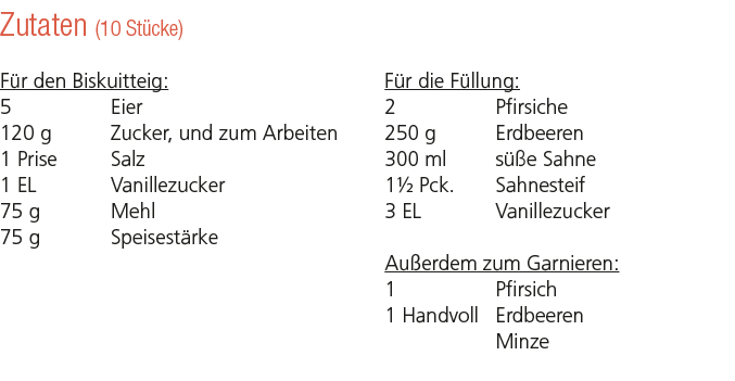 Zutaten (10 St cke) F r den Biskuitteig: 5 Eier 120 g Zucker, und zum Arbeiten 1 Prise Salz 1 EL Vanillezucker 75 g M...