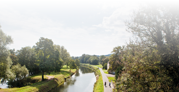 Das Bild zeigt einen Fluss, der auf der linken Seite von B umen ges umt wird. Zu seiner rechten befindet sich ein Radweg, auf dem zwei Fahrradfahrer unterwegs sind.