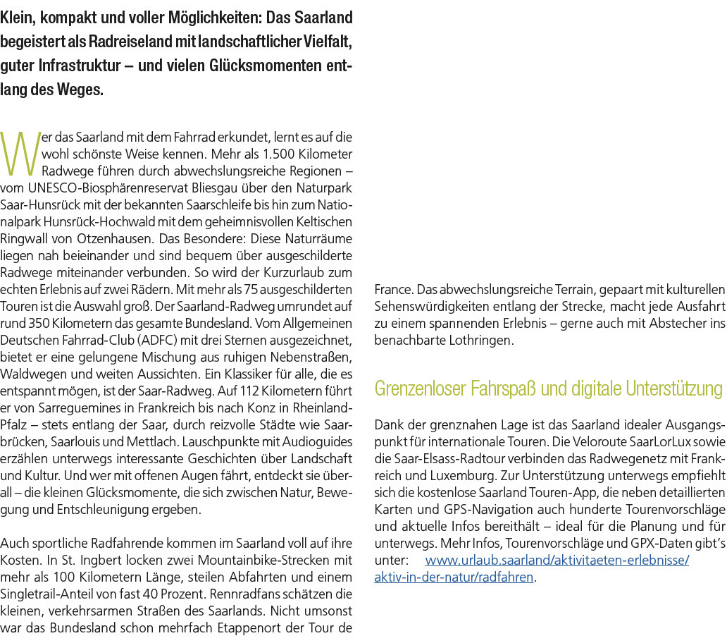Klein, kompakt und voller M glichkeiten: Das Saarland begeistert als Radreiseland mit landschaftlicher Vielfalt, gute...