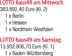 LOTTO 6aus49 am Mittwoch 383.892,40 Euro (Kl. 2) 1 x Berlin 1 x Hessen 1 x Nordrhein Westfalen LOTTO 6aus49 am Samsta...