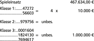Spieleinsatz 467.634,00 € Klasse 1: 47272 56603 = 4 x 10.000 € Klasse 2: 979756 = unbes. Klasse 3: 0001604 1824130 = ...