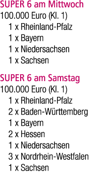 SUPER 6 am Mittwoch 100.000 Euro (Kl. 1) 1 x Rheinland Pfalz 1 x Bayern 1 x Niedersachsen 1 x Sachsen SUPER 6 am Sams...