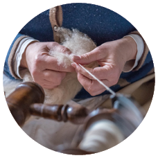Das Bild zeigt eine Nahaufnahme von zwei H nden, die gerade mit dem Spinnen von Wolle besch ftigt sind. Die Person h lt in der linken Hand einen B schel naturfarbener, ungef rbter Rohwolle, w hrend sie mit der rechten Hand vorsichtig einzelne Fasern herauszieht. Diese werden zu einem feinen Faden verdreht, der in ein Spinnrad eingespeist wird.   Im Vordergrund und unteren Bildbereich ist ein Teil des h lzernen Spinnrads zu erkennen. Die gedrechselten Elemente des Rads sowie die gespannte Spule mit dem gesponnenen Garn sind gut sichtbar. Der Fokus des Bildes liegt klar auf den H nden und dem Arbeitsprozess.    Die Person tr gt eine blaue Strickjacke mit braunem Rand und wei en Kn pfen  ber einer wei en Bluse. Die Kleidung wirkt rustikal und warm, passend zur handwerklichen T tigkeit.    Die Szene ist in weichem Licht gehalten, was die warme, ruhige Atmosph re und die Konzentration auf das traditionelle Handwerk unterstreicht.