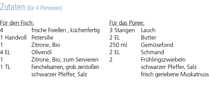 Zutaten (f r 4 Personen) F r den Fisch: 4 frische Forellen , k chenfertig 1 Handvoll Petersilie 1 Zitrone, Bio 4 EL O...