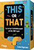 Das Bild zeigt die Verpackung eines Spiels mit dem Titel „THIS OR THAT“. Der Hintergrund der Verpackung ist zweifarbig, links in einem orangenen Farbton und rechts in einem blauen Farbton. In der Mitte ist ein schwarzes Rechteck mit dem Spieltitel in gro en Buchstaben: „THIS“ oben in hellblau, „OR“ in wei in der Mitte und „THAT“ unten in orange.    Unter dem Titel steht auf Deutsch der Satz: „Das lustige Entscheidungsspiel mit  ber 300 Fragen“. Ganz unten links ist das Logo des Verlags „riva“ zu sehen, und unten rechts steht der Name der Autorin „Emma Hegemann“.    Die Verpackung ist au erdem mit vielen kleinen, bunten, cartoonartigen Figuren und Sternen verziert. Die Figuren sind l nglich und haben Gesichter mit gro en Augen und lachenden oder  berraschten M ndern. Es gibt mehrere bunte, wellenf rmige Linien und kleine Sternchen, die die Gestaltung lebendig und verspielt wirken lassen. Die Verpackung wirkt insgesamt fr hlich, bunt und ansprechend.  