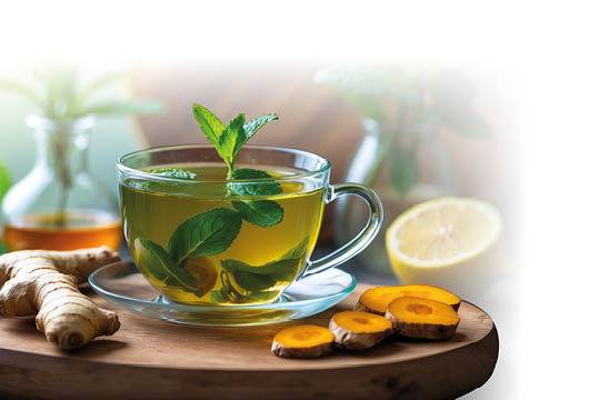 Eine klare Glastasse mit gr nem Kr utertee steht auf einem runden Holzbrett. Im Tee schwimmen frische Minzbl tter, daneben liegen frischer Ingwer und aufgeschnittene Kurkumawurzel. Im Hintergrund stehen zwei Glasgef e mit weiteren Minzzweigen und einem Honigglas sowie eine aufgeschnittene Zitrone. Die Szene ist hell und nat rlich beleuchtet und vermittelt eine frische, gesunde Atmosph re.