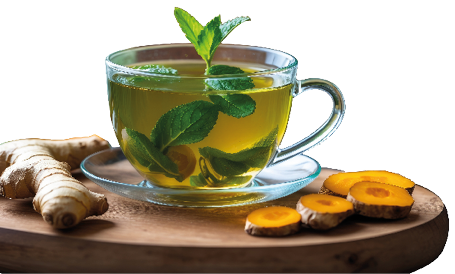 Eine klare Glastasse mit gr nem Kr utertee steht auf einem runden Holzbrett. Im Tee schwimmen frische Minzbl tter, daneben liegen frischer Ingwer und aufgeschnittene Kurkumawurzel. Im Hintergrund stehen zwei Glasgef e mit weiteren Minzzweigen und einem Honigglas sowie eine aufgeschnittene Zitrone. Die Szene ist hell und nat rlich beleuchtet und vermittelt eine frische, gesunde Atmosph re.