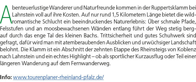 Abenteuerlustige Wanderer und Naturfreunde kommen in der Ruppertsklamm bei Lahnstein voll auf ihre Kosten. Auf nur ru...