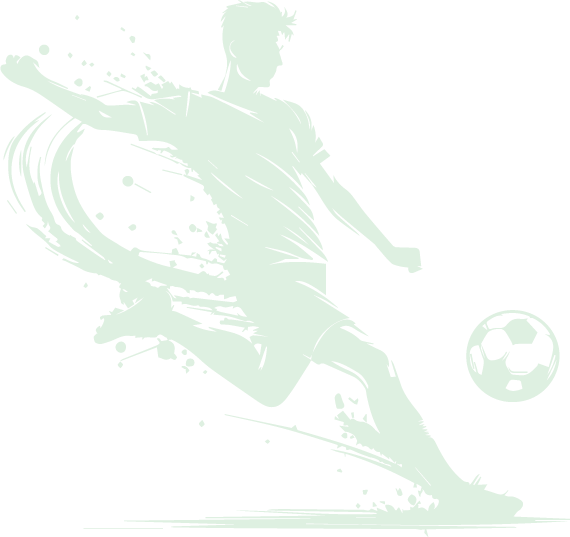 Silhouette eines Fu ballspielers, der zum Schuss das Bein nach hinten ausholt. Davor ist ein Ball zu sehen. Alles wurde mit Farbklcksen verspielt dargestellt.