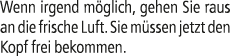 Wenn irgend m glich, gehen Sie raus an die frische Luft. Sie m ssen jetzt den Kopf frei bekommen.