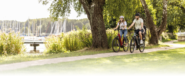 Das Bild zeigt eine fr hliche Szene in der Natur: Ein Mann und eine Frau fahren auf einem sonnigen Weg mit ihren Fahrr dern. Beide tragen Fahrradhelme und l cheln sich an. Der Weg f hrt durch eine gr ne Landschaft mit gro en B umen und bl henden Pflanzen. Links im Hintergrund ist ein kleiner Hafen mit Segelbooten am See zu sehen. Die Stimmung ist entspannt und sommerlich – ideal f r einen Ausflug in der Natur.