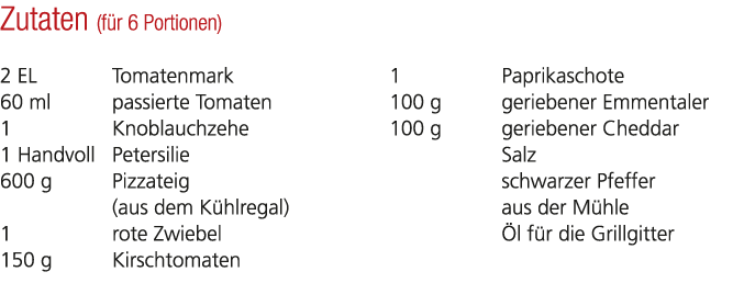Zutaten (f r 6 Portionen) 2 EL Tomatenmark 60 ml passierte Tomaten 1 Knoblauchzehe 1 Handvoll Petersilie 600 g Pizzat...