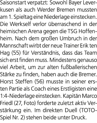 Saisonstart verpatzt: Sowohl Bayer Leverkusen als auch Werder Bremen mussten am 1. Spieltag eine Niederlage einstecke...