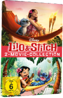 Das Bild zeigt das DVD-Cover der „Lilo & Stitch – 2-Movie-Collection“ von Disney. Das Cover ist in zwei H lften geteilt: Oben: Eine realistisch animierte Szene mit Lilo und Stitch in einer H ngematte bei Sonnenuntergang – vermutlich aus einer Neuauflage oder Live-Action-Version.  Unten: Eine klassische Zeichentrick-Szene – Lilo spielt Ukulele, Stitch liegt entspannt daneben in der H ngematte.  In der Mitte steht der bekannte Titel „Lilo & Stitch“ in gro en, roten Buchstaben, darunter „2-Movie-Collection“. Links unten ist das FSK 6-Symbol, das auf eine Freigabe ab 6 Jahren hinweist.  Ein liebevoll gestaltetes Cover, das sowohl Nostalgie als auch moderne Animation vereint.  