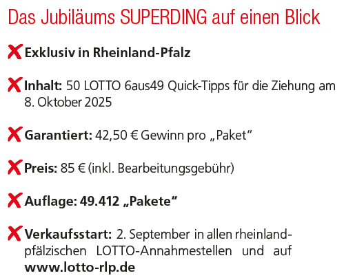 Das Jubil ums SUPERDING auf einen Blick ￼Exklusiv in Rheinland Pfalz ￼Inhalt: 50 LOTTO 6aus49 Quick Tipps f r die Zie...