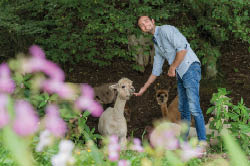 Das Foto zeigt einen Mann, der sich in einem gr nen, bewaldeten Bereich zu mehreren Alpakas hinunterbeugt. Er tr gt ein hellblaues Hemd und eine Jeans. L chelnd streichelt er ein helles Alpaka, das direkt in die Kamera schaut. Im Hintergrund sind noch weitere Alpakas zu sehen. Im Vordergrund verschwimmen unscharf pinke und wei e Bl ten, die den Eindruck von N he und Lebendigkeit vermitteln.