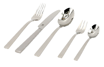 Auf dem Bild sind f nf Besteckteile aus gl nzendem Edelstahl gleichm ig nebeneinander auf einer wei en, glatten Oberfl che angeordnet. Von links nach rechts sieht man:  Eine gro e Gabel mit vier Zinken.  Ein gro es Messer mit glatter Klinge.  Einen gro en L ffel mit ovaler Laffe.  Eine kleine Gabel mit drei kurzen Zinken – vermutlich eine Dessert- oder Kuchengabel.  Einen kleinen L ffel – vermutlich ein Teel ffel.  Alle Besteckteile haben ein schlichtes, modernes Design mit geraden, kantigen Griffen. Das Besteck wirkt hochwertig und elegant.