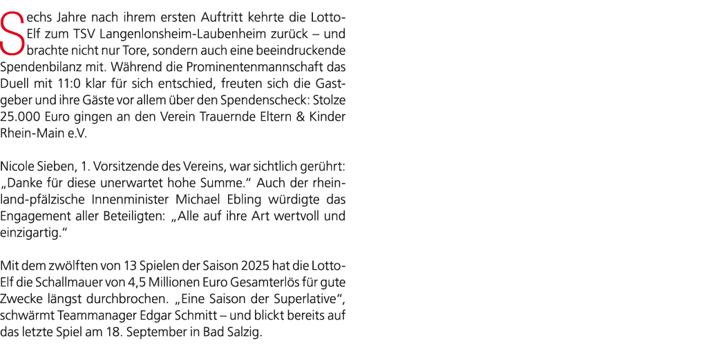 Sechs Jahre nach ihrem ersten Auftritt kehrte die Lotto Elf zum TSV Langenlonsheim Laubenheim zur ck – und brachte ni...