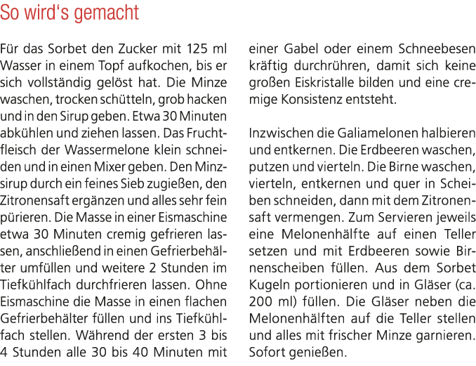 So wird‘s gemacht F r das Sorbet den Zucker mit 125 ml Wasser in einem Topf aufkochen, bis er sich vollst ndig gel st...