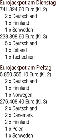 Eurojackpot am Dienstag 741.324,60 Euro (Kl. 2) 2 x Deutschland 1 x Finnland 1 x Schweden 238.898,60 Euro (Kl. 3) 5 x...