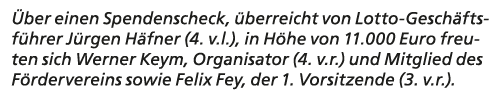  ber einen Spendenscheck, berreicht von Lotto Gesch ftsf hrer J rgen H fner (4. v.l.), in H he von 11.000 Euro freut...