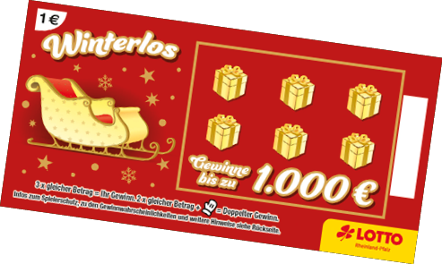 Rotes Los mit Schlitten und Geschenkboxen.   Spielmechanismus:    3x gleicher Betrag = Gewinn    2x gleicher Betrag + Handsymbol = doppelter Gewinn    H chstgewinn: 1.000 €