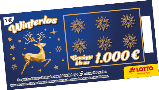 Blaues Los mit goldenem Rentier und Schneeflocken.   Spielmechanismus:    3x gleicher Betrag = Gewinn    2x gleicher Betrag + Handsymbol = doppelter Gewinn    H chstgewinn: 1.000 €