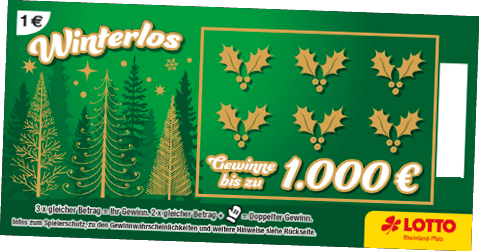 Gr nes Los mit Weihnachtsb umen und Stechpalmen-Motiven.   Spielmechanismus:    3x gleicher Betrag = Gewinn    2x gleicher Betrag + Handsymbol = doppelter Gewinn    H chstgewinn: 1.000 €