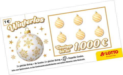 Wei es Los mit Christbaumkugel und Ornamenten.   Spielmechanismus:    3x gleicher Betrag = Gewinn    2x gleicher Betrag + Handsymbol = doppelter Gewinn    H chstgewinn: 1.000 €