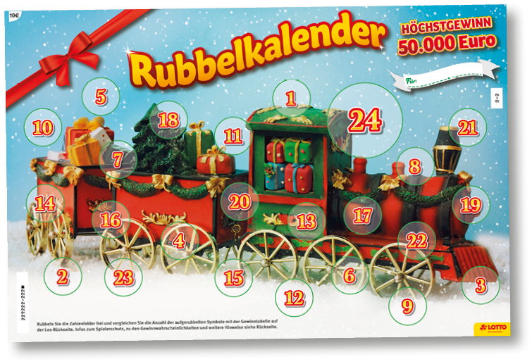 Das Bild zeigt einen Rubbellos von Lotto Rheinland-Pfalz in Form eines Adventskalenders.   Gestaltung:    Motiv: Eine festlich geschm ckte Eisenbahn mit Geschenken, Tannenbaum und weihnachtlicher Deko.    24 T rchen (mit Zahlen markiert), die Tag f r Tag freigerubbelt werden k nnen.    Ein rotes Geschenkband mit Schleife verl uft oben  ber den Kalender, was das Ganze noch weihnachtlicher wirken l sst.    Gewinnchance:    H chstgewinn: 50.000 Euro (rechts oben hervorgehoben).    Ziel ist es, die aufgerubbelten Symbole mit der Gewinnliste auf der R ckseite abzugleichen.  Der Rubbelkalender verbindet so die klassische Adventstradition mit der Spannung eines Gewinnspiels.