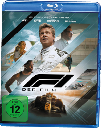 Das Bild zeigt das Blu-ray-Cover des Films „F1 – Der Film“, einem Rennsportdrama, das unter anderem von Brad Pitt mitproduziert und gespielt wird.     Oben steht: „Vom Regisseur von Top Gun: Maverick“ – das verweist auf Joseph Kosinski, was hohe Erwartungen an die Action- und Rennszenen weckt.    Zu sehen sind Brad Pitt in der Hauptrolle sowie Damson Idris, Kerry Condon und Javier Bardem.    Das „F1“-Logo dominiert das Zentrum des Covers, darunter der Titel „Der Film“.    Die Gestaltung mit Rennwagen, Boxengasse und dynamischen Linien vermittelt Geschwindigkeit und Adrenalin.    FSK: ab 12 Jahren freigegeben.