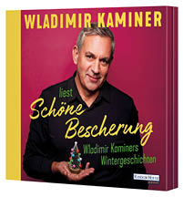 Das Bild zeigt das Cover des H rbuchs „Sch ne Bescherung – Wladimir Kaminers Wintergeschichten“, gelesen von Wladimir Kaminer. Vor einem roten Hintergrund steht Kaminer l chelnd in dunklem Hemd und h lt in einer Hand ein kleines, geschm cktes Miniatur-Weihnachtsb umchen. Der Titel ist in gelber und gr ner Schrift gestaltet, wobei „Sch ne Bescherung“ in einer schwungvollen Schreibschrift hervorgehoben ist. Unten rechts befindet sich das Logo von Random House Audio. Das Cover vermittelt eine warme, festliche Stimmung mit humorvollem Charme. 