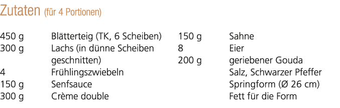 Zutaten (f r 4 Portionen) 450 g Bl tterteig (TK, 6 Scheiben) 300 g Lachs (in d nne Scheiben geschnitten) 4 Fr hlingsz...