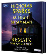 Das Bild zeigt das Cover des H rbuchs „Remain – Was von uns bleibt“ von Nicholas Sparks in Zusammenarbeit mit M. Night Shyamalan, erschienen bei Random House Audio.   Auf dem Cover ist ein gro es Haus an der K ste zu sehen, in dem eine Person im warm beleuchteten Fenster steht – ein Motiv, das eine Mischung aus Romantik und geheimnisvoller Spannung vermittelt, typisch f r beide K nstler.    Das H rbuch wird von Alexander Wussow gelesen und liegt im MP3-Format vor.  Optisch und thematisch wirkt es wie eine spannende Kombination aus emotionaler Tiefe (Sparks) und mysteri ser Atmosph re (Shyamalan).