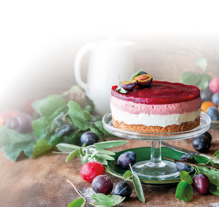 Das Bild zeigt eine kleine, runde Torte auf einer gl sernen Kuchenplatte. Die Torte besteht aus drei Schichten: einem goldbraunen Boden, einer wei en Cremef llung und einer rosafarbenen Fruchtschicht, die mit einem gl nzenden, dunkelroten Fruchtspiegel bedeckt ist. Obenauf liegen zwei halbierte Zwetschgenund ein kleiner Zweig mit gr nen Bl ttern als Dekoration. Rund um die Torte sind frische Zwetschgen und Bl tter verteilt, die f r eine nat rliche, herbstliche Atmosph re sorgen. Der Hintergrund ist warm und rustikal, passend zum saisonalen Stil des Arrangements.