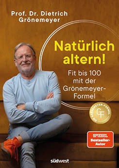 Das Bild zeigt das Buchcover „Nat rlich altern! Fit bis 100 mit der Gr nemeyer-Formel“ von Prof. Dr. Dietrich Gr nemeyer, erschienen im s dwest Verlag.   Das Cover zeigt den bekannten Arzt und Bestsellerautor in entspannter Pose auf einem warmbraunen Hintergrund. Mit verschr nkten Armen und einem sympathischen L cheln vermittelt Gr nemeyer Gelassenheit und Vitalit t – eine Haltung, die perfekt zum Thema des Buches passt.    Der Titel in kr ftigem Gelb zieht sofort den Blick auf sich. Der Untertitel „Fit bis 100 mit der Gr nemeyer-Formel“ verspricht ein praxisnahes Konzept f r ein gesundes, aktives Leben bis ins hohe Alter. Ein Siegel mit der Aufschrift „Die Gr nemeyer-Formel“ sowie der Hinweis „SPIEGEL Bestseller-Autor“ betonen Expertise und Vertrauen.
