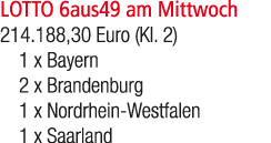 LOTTO 6aus49 am Mittwoch 214.188,30 Euro (Kl. 2) 1 x Bayern 2 x Brandenburg 1 x Nordrhein Westfalen 1 x Saarland