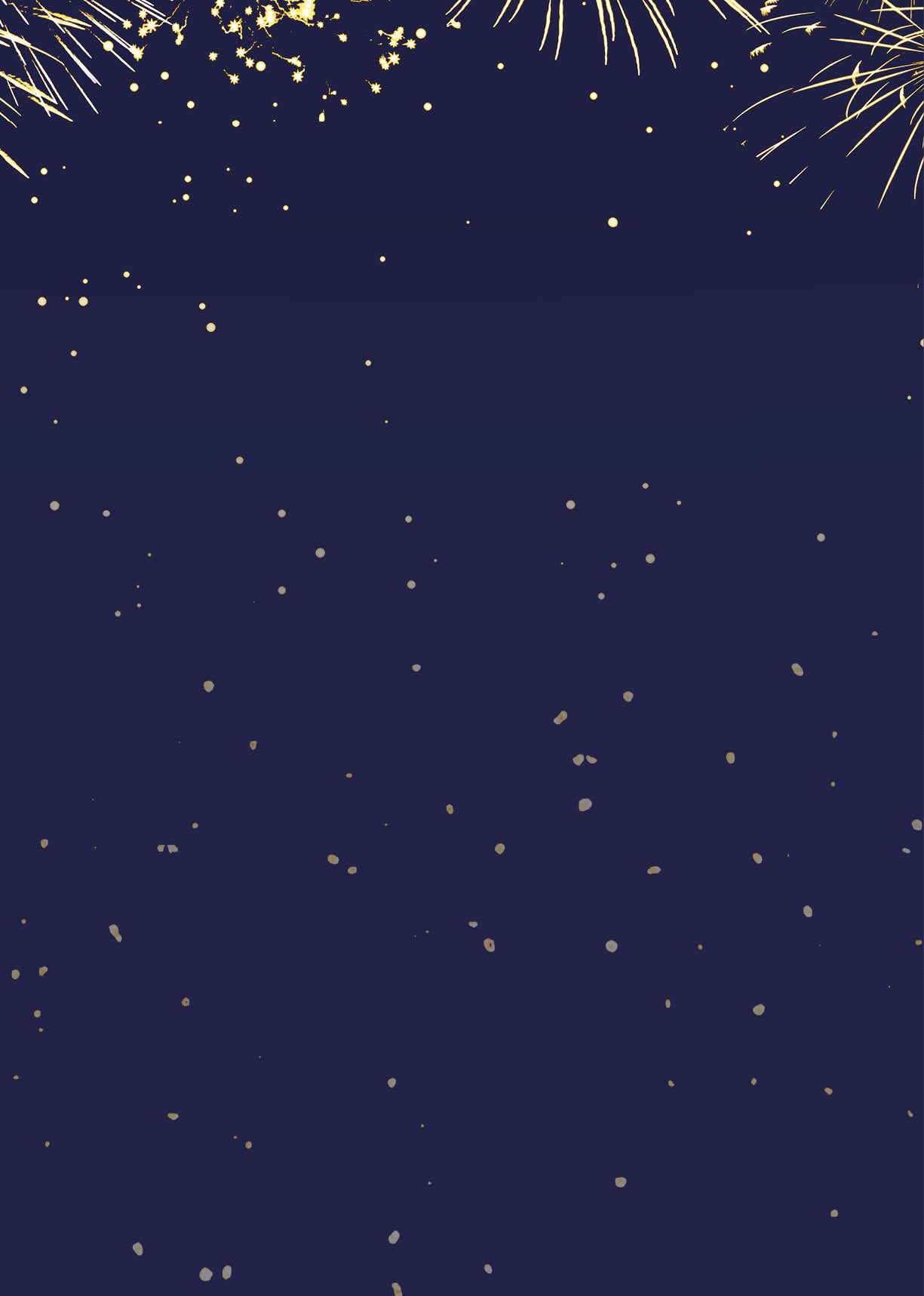 Goldene Feuerwerksk rper am oberen Bildrand vor dunkelblauem Nachthimmel mit verstreuten goldenen Lichtpunkten