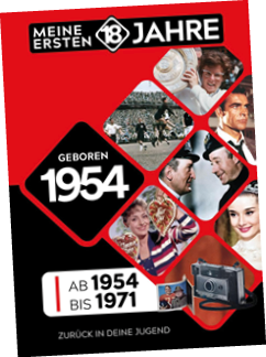 Das Buchcover zeigt eine rote und schwarze Gestaltung mit mehreren quadratischen Ausschnitten, die Fotos aus den Jahren 1954 bis 1971 zeigen. Im Mittelpunkt steht die wei e Schrift 'Geboren 1954' auf schwarzem Hintergrund. Oben steht in wei er Schrift auf rotem Grund 'Meine ersten 18 Jahre'. Unten links ist ein wei es Feld mit der Aufschrift 'Ab 1954 bis 1971'. Darunter steht in wei er Schrift 'Zur ck in deine Jugend'. Die Fotos zeigen unter anderem eine Fu ballszene, eine Person mit einem Pokal, eine alte Kamera und Menschen in zeittypischer Kleidung.
