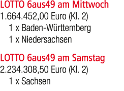 LOTTO 6aus49 am Mittwoch 1.664.452,00 Euro (Kl. 2) 1 x Baden W rttemberg 1 x Niedersachsen LOTTO 6aus49 am Samstag 2....