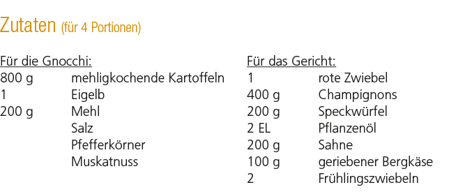 Zutaten (f r 4 Portionen) F r die Gnocchi: 800 g mehligkochende Kartoffeln 1 Eigelb 200 g Mehl Salz Pfefferk rner Mus...