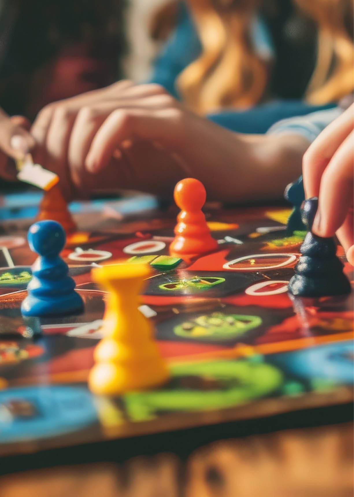 Depict a cozy board game night with friends gathered around a table playing a logic-based board game. The game involves strategy and critical thinking, with players moving pieces across the board and contemplating their next moves. The room is warmly lit, and the atmosphere is relaxed and friendly.“ --ar 16:9 Job ID: 8a5b767b-14bb-49f9-a965-71a0c826b1ac